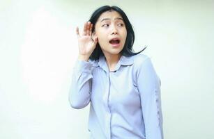 surprised asian young business woman shouting with open mouth looking away shocked, female employee or manager do hearing gesture, wear formal purple shirt standing over white background photo