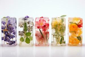 Edible flowers frozen in crystal clear ice cubes isolated on a white background photo