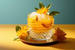 Edible marigold garnish on fancy dessert isolated on a gradient background photo