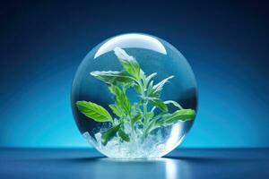 Flash frozen herb encapsulated in ice sphere isolated on a blue gradient background photo