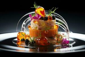 Artistic molecular gastronomy dish beautifully plated background with empty space for text photo