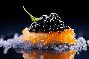 Artistic detail of molecular caviar in upscale cuisine isolated on a gradient background photo