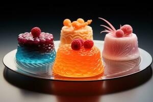 3d impreso comestible formas mejorando un plato aislado en un degradado antecedentes foto