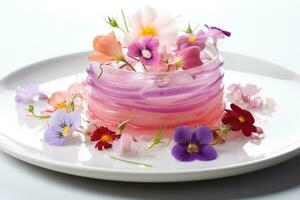 Exquisite edible flower garnishes on experimental cuisine isolated on a white background photo