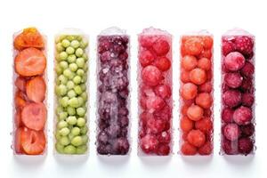 criogénicamente congelado frutas y vegetales destacando textura cambios aislado en un blanco antecedentes foto