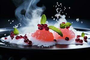 Artistic molecular gastronomy dish beautifully plated background with empty space for text photo