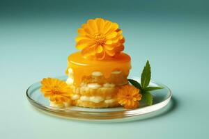 Edible marigold garnish on fancy dessert isolated on a gradient background photo