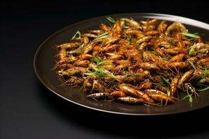 Exquisite edible insect dish presentation background with empty space for text photo