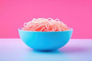 Bright color changing noodles in bowl isolated on a pink gradient background photo