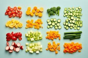 Precision cut vegetables for nitro cooking isolated on a gradient background photo