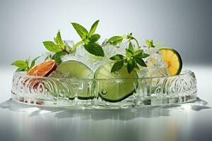 Intricate ice sculpture serving as a dish for avant garde cuisine isolated on a white background photo