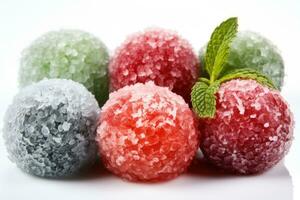 Cryogenically frozen fruits and vegetables highlighting texture changes isolated on a white background photo