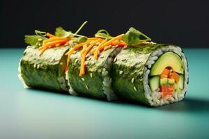 Exotic vegan sushi roll assembly isolated on a gradient background photo