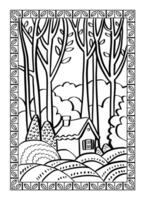 Coloring book with fairy forest and cottege, wooden house vector