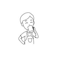 The boy drinks from a mug. Doodle vector