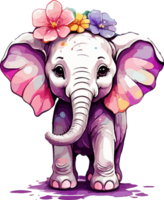 mignonne bébé l'éléphant avec fleur propager illustration ai génératif png