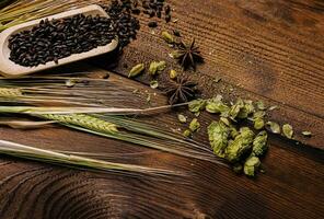 wheat with hops and cinnamon on a wooden background photo