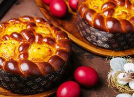 easter bread and eggs on wood photo