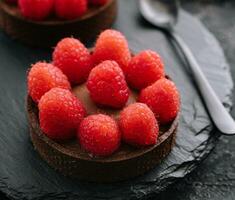 Chocolate cakes with raspberry close up photo