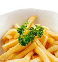 Tasty Fried Potato French Fries on White Plate photo