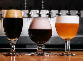different types of craft beer in glasses on table in pub interior in daylight photo