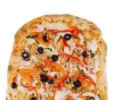 Freshly baked pizza with chicken and mushrooms photo