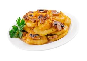 Fried potatoes with fried mushrooms and onions photo