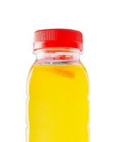 Plastic bottle of organic fresh orange juice photo