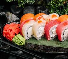 Asian food with sushi set of salmon and tuna photo