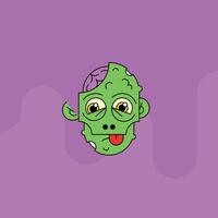 Cartoon funny green zombie character design with scary face expression. Halloween vector illustration. Party poster design, holiday decorationor mask illustration of a cute green zombie monster face