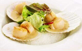 Seared scallops shell with butter and lettuce photo