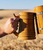 Hands with wooden beer clink mugs on the background of a field of wheat photo