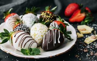 Strawberries glazed in black and white chocolate. lie on a white plate photo