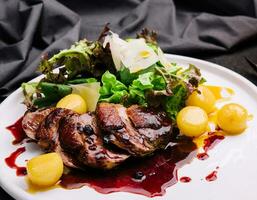 Modern style gourmet duck breast filet with salad and cranberry relish offered photo