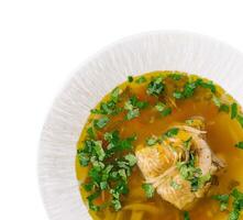 Chicken soup with noodles and vegetables in bowl photo