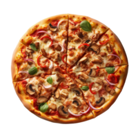 oben Aussicht von Pizza mit Kochen Zutaten Kirsche Tomaten, Basilikum und Olive Öl, geschnitten Pizza, ai generativ png