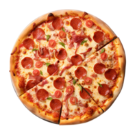 oben Aussicht von Pizza mit Kochen Zutaten Kirsche Tomaten, Basilikum und Olive Öl, geschnitten Pizza, ai generativ png