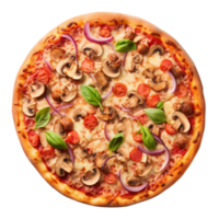 oben Aussicht von Pizza mit Kochen Zutaten Kirsche Tomaten, Basilikum und Olive Öl, geschnitten Pizza, ai generativ png