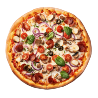 oben Aussicht von Pizza mit Kochen Zutaten Kirsche Tomaten, Basilikum und Olive Öl, geschnitten Pizza, ai generativ png