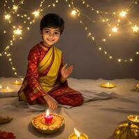 indio pequeño chico con diwali diya y iluminado velas foto