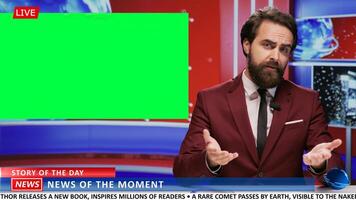 Journalist covers news on greenscreen in newsroom, addressing latest events and presenting daily information live on tv program. Newscaster using isolated copyspace template in studio. photo