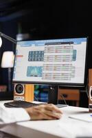Image showcasing a pc monitor displaying statistics and data for a startup company. Detailed shot of a person examining charts and information on the desktop computer screen. photo