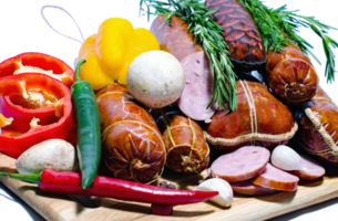 Tasty sausages and vegetables isolated over transparent background png illustration