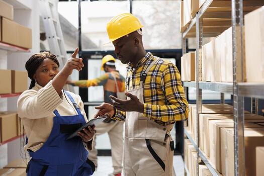 Warehouse supervisor doing inventory with assistant and pointing at parcel. Storehouse workers checking stock supply data in tablet software app and planning storage management photo