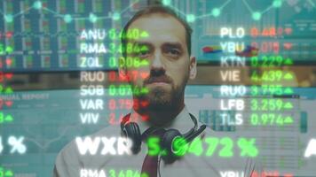 Focused businessman using augmented reality visualization, analyzing stock market charts and statistics graphs, close up. Investor seeking trading strategies and investment opportunities photo