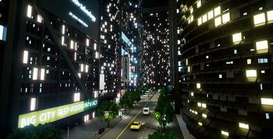 Urban business district with offices, modern city metropolis with vehicles on capital streets. Night lights on tall buildings, modern skyscrapers architecture. 3d render animation. photo