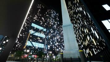 alto oficina edificios brillante a noche con ciudad luces, moderno céntrico con futurista arquitectura y rascacielos urbano paisaje metrópoli diseño en ciudad. 3d hacer animación. foto