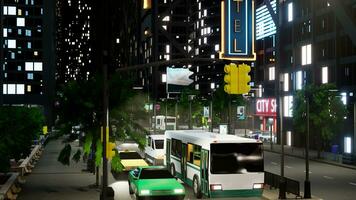 Multiple cars on street in business district downtown, modern office buildings and city lights glowing at night. Tall skyscrapers and vehicles driving around town, metropolis. 3d render animation. photo