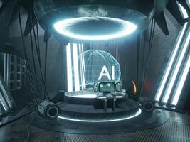Dataset and artificial intelligence brain with neural network connection, AI revolution with big data and coding process. AI brain machine deep learning concept. 3d render animation. photo