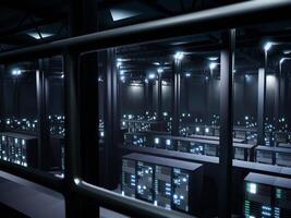 Data center with multiple racks used for cloud computing concept, digital network connection with hardware security information. Big data server room with modern technology. 3d render animation. photo